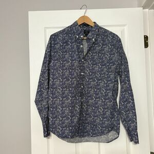 J Crew Long Sleeve Shirt Mens L Blue Floral Flex Washed Slim Fit Button Down
